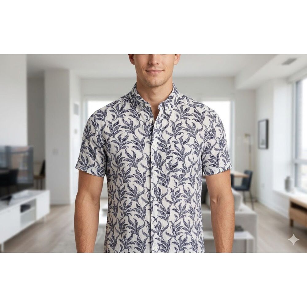 Club Monaco Slim Fit XS Floral Short Sleeve Linen Blend Shirt White Blue Mens